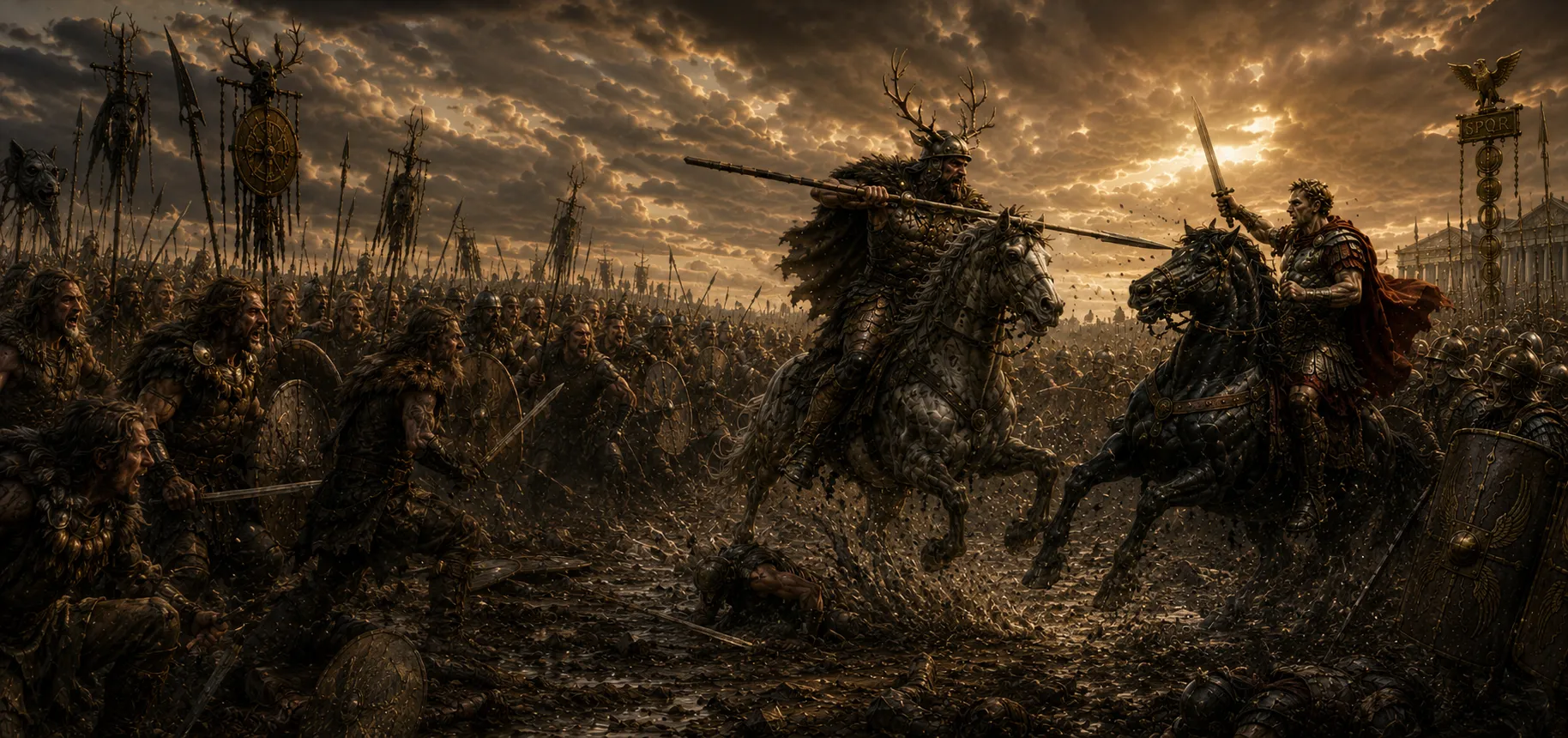 divico battling julius caesar on horseback in an epic ancient battlefield