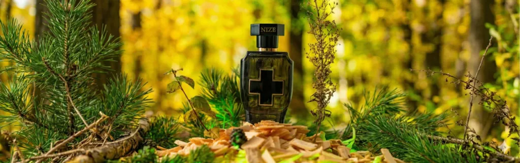 black bottle in the forest with wood shavings