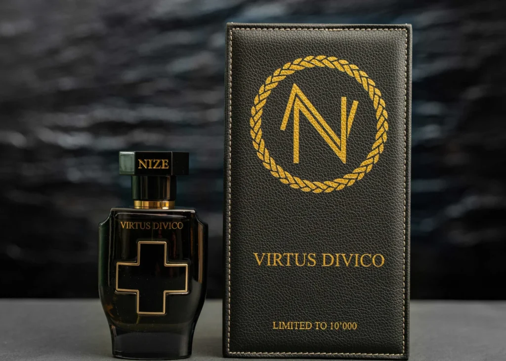 luxury perfume with black leather box standing before a blue background