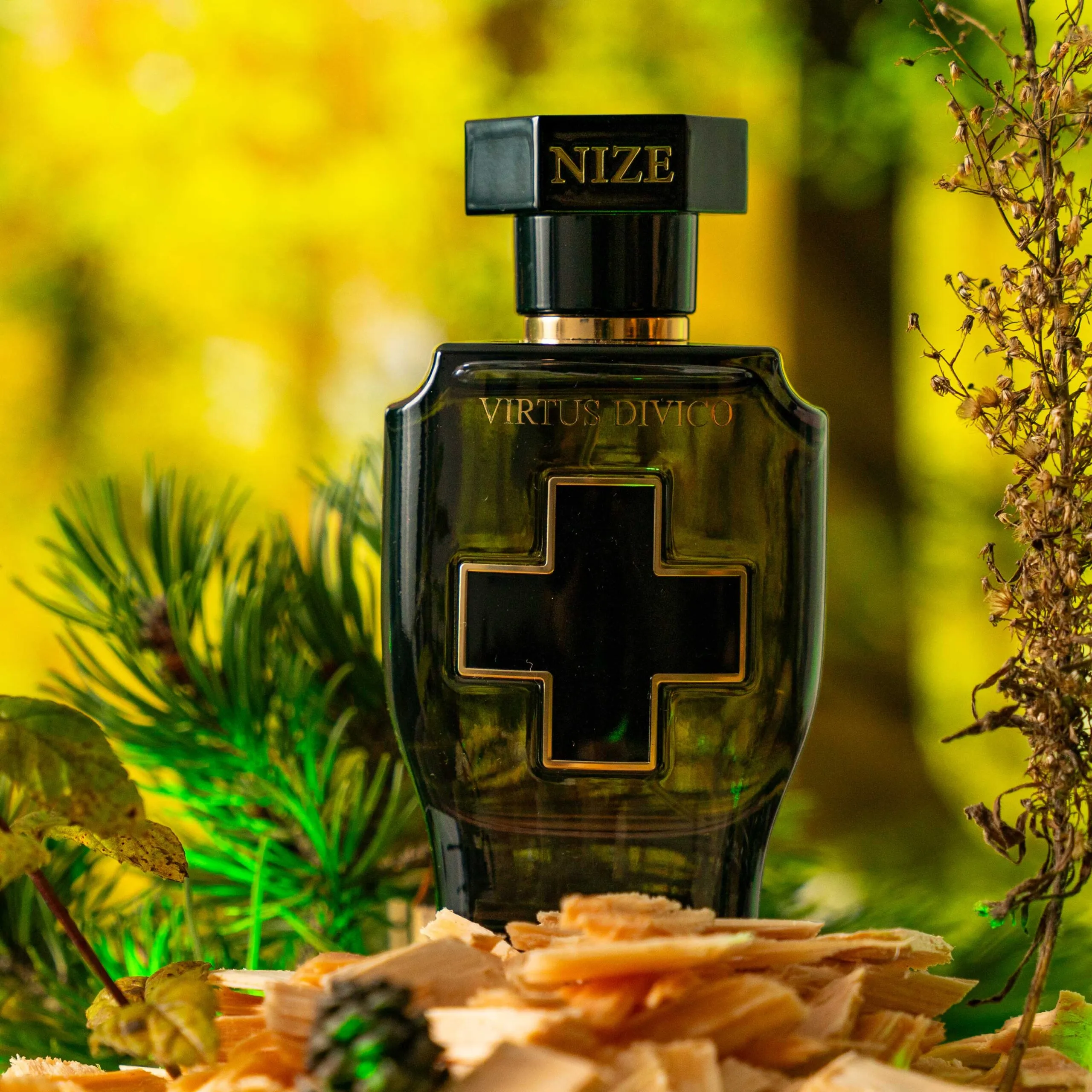swiss perfume bottle standing on wood pieces