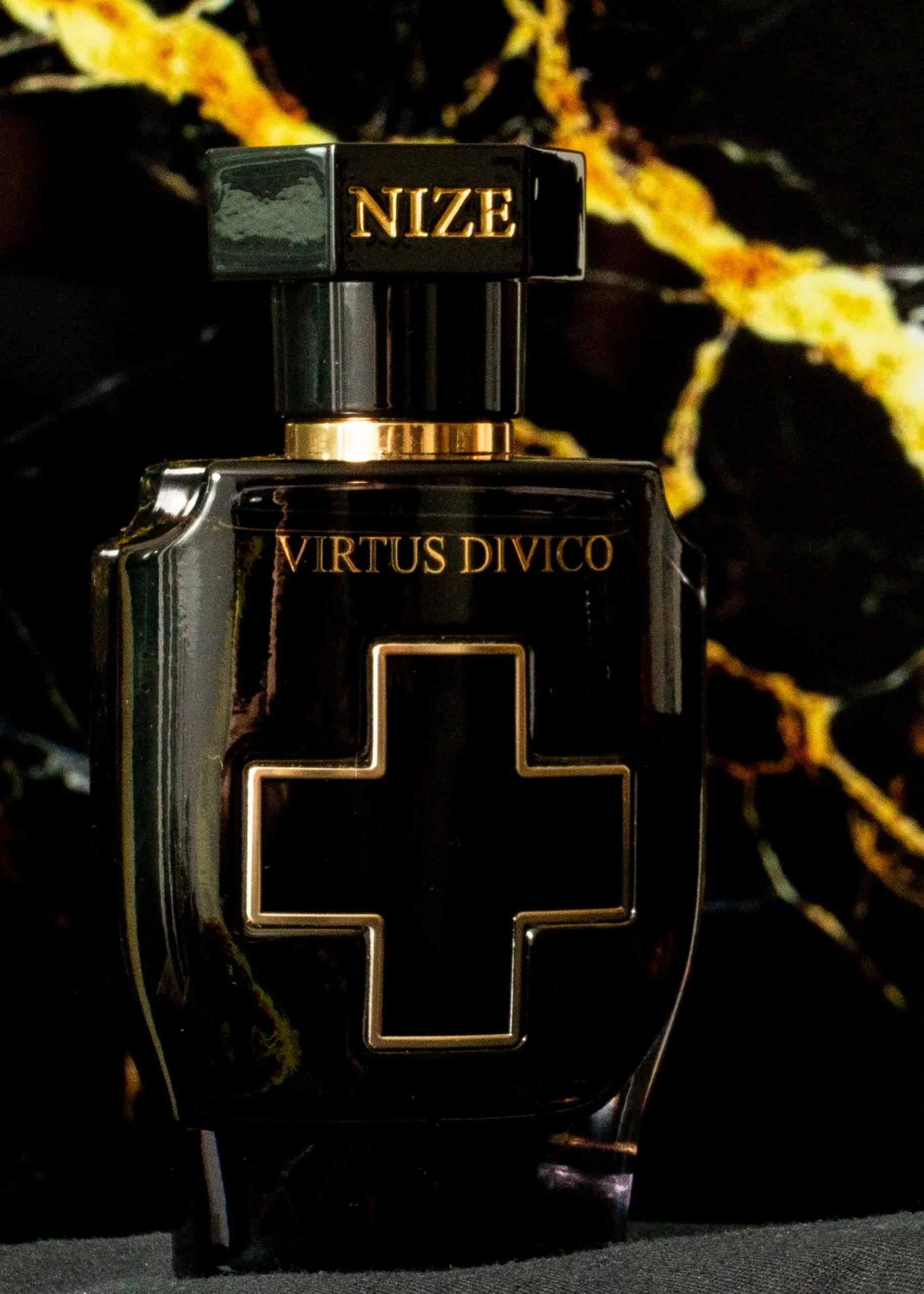 swiss niche perfume standing in front of an epic golden background