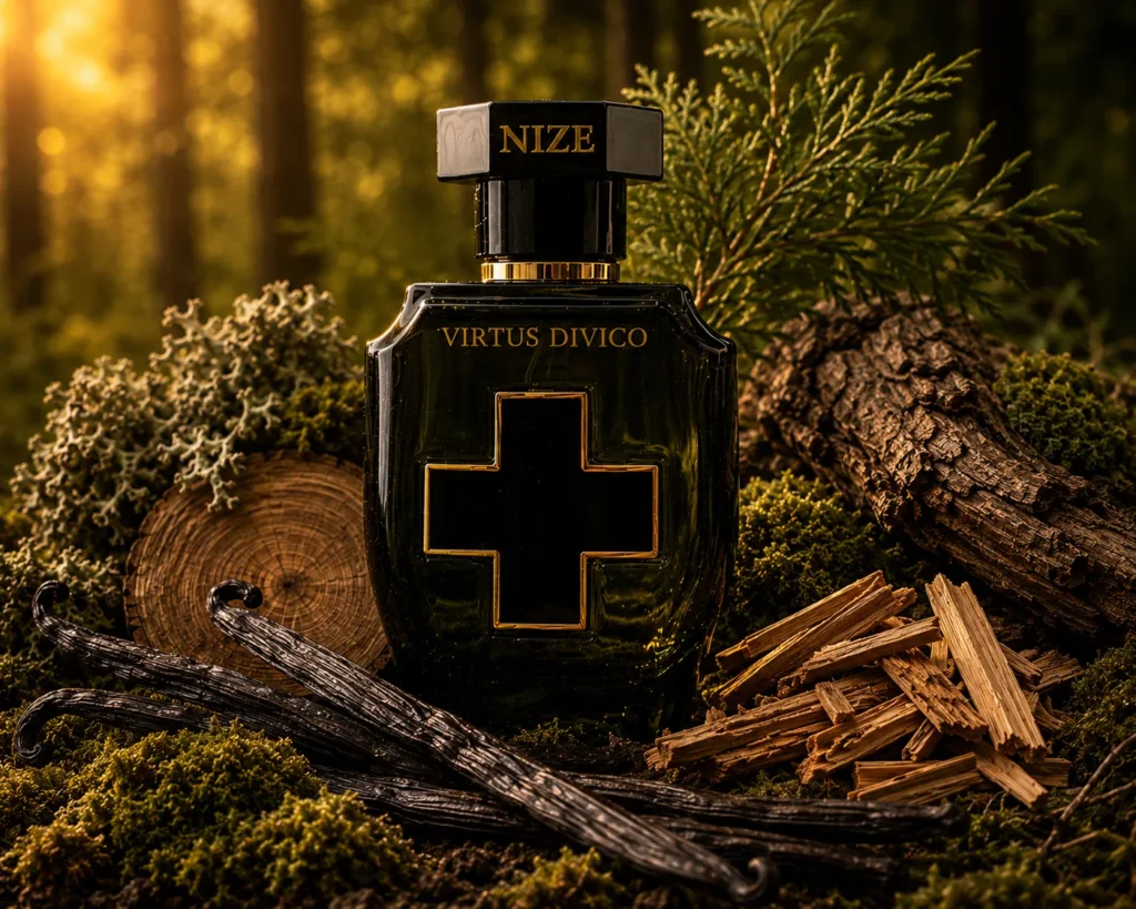 black niche perfume standing in the forest with scents lying in front of it