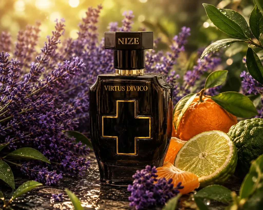 black perfume bottle standing between lavender and oranges