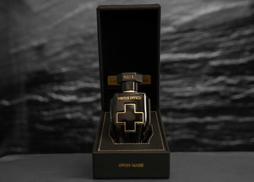 niche perfume presented in a premium leather box with a golden certificate card in the background